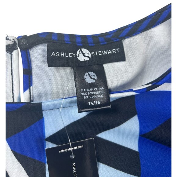 Ashley Stewart Peplum Top Women's Size Large  14/16‎ Blue Geometric Design NEW - Picture 6 of 8